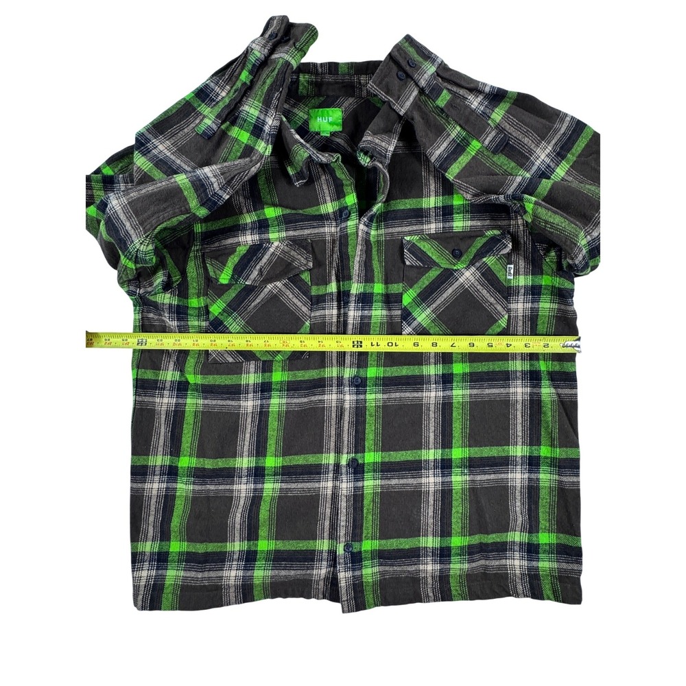 HUF Plaid Flannel Shirt / Jacket Men's XL Long Sleeve Green Black Button Up - Picture 4 of 7